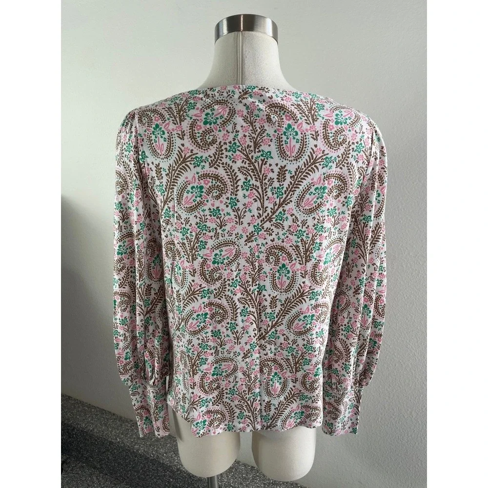 Boden Womens 12 Floral Paisley Puff Sleeve Jersey Top Pink Green Long Sleeve